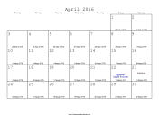 April 2016 Calendar with Jewish equivalents