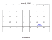 April 2016 Calendar with Jewish holidays