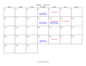 May 2016 Calendar with Jewish holidays