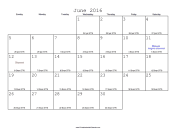 June 2016 Calendar with Jewish equivalents