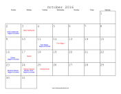 October 2016 Calendar with Jewish holidays