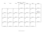 March 2017 Calendar with Jewish equivalents