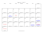 April 2017 Calendar with Jewish equivalents