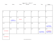 April 2017 Calendar with Jewish holidays