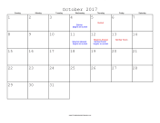 October 2017 Calendar with Jewish holidays