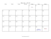 March 2018 Calendar with Jewish holidays