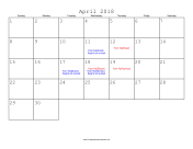 April 2018 Calendar with Jewish holidays