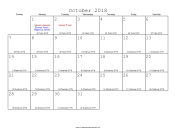 October 2018 Calendar with Jewish equivalents