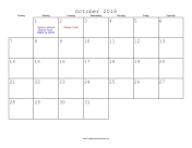 October 2018 Calendar with Jewish holidays