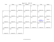 April 2019 Calendar with Jewish equivalents
