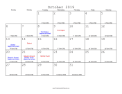 October 2019 Calendar with Jewish equivalents