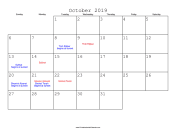 October 2019 Calendar with Jewish holidays