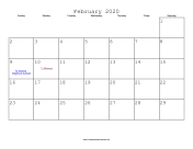 February 2020 Calendar with Jewish holidays