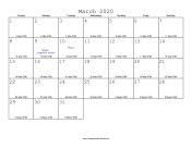 March 2020 Calendar with Jewish equivalents