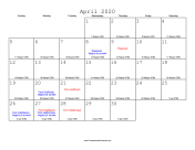 April 2020 Calendar with Jewish equivalents