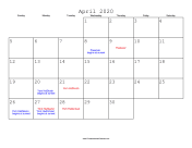 April 2020 Calendar with Jewish holidays