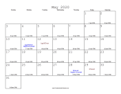 May 2020 Calendar with Jewish equivalents