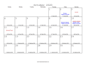 October 2020 Calendar with Jewish equivalents