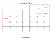 October 2020 Calendar with Jewish holidays