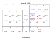 April 2021 Calendar with Jewish equivalents