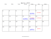 April 2021 Calendar with Jewish holidays