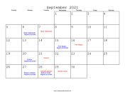 September 2021 Calendar with Jewish holidays
