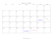 April 2022 Calendar with Jewish holidays