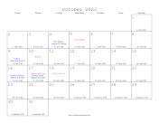 October 2022 Calendar with Jewish equivalents