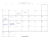 October 2022 Calendar with Jewish holidays