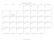 March 2023 Calendar with Jewish equivalents