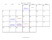April 2026 Calendar with Jewish holidays
