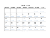Kislev 5769 Calendar with Gregorian equivalents