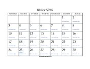 Kislev 5769 Calendar with Jewish holidays and Gregorian equivalents