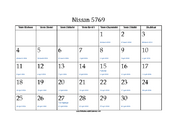 Nissan 5769 Calendar with Jewish holidays and Gregorian equivalents