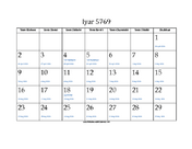 Iyar 5769 Calendar with Jewish holidays and Gregorian equivalents