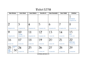 Tishri 5770 Calendar with Jewish holidays and Gregorian equivalents