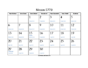 Nissan 5770 Calendar with Jewish holidays and Gregorian equivalents