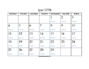 Iyar 5770 Calendar with Gregorian equivalents