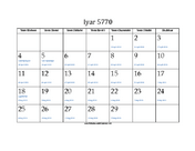 Iyar 5770 Calendar with Jewish holidays and Gregorian equivalents