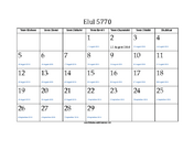 Elul 5770 Calendar with Jewish holidays and Gregorian equivalents
