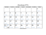 Cheshvan 5771 Calendar with Gregorian equivalents