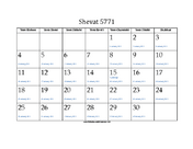 Shevat 5771 Calendar with Jewish holidays and Gregorian equivalents