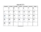 Adar_II 5771 Calendar with Jewish holidays and Gregorian equivalents