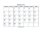 Nissan 5771 Calendar with Jewish holidays and Gregorian equivalents