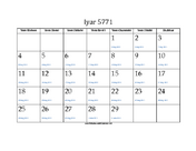 Iyar 5771 Calendar with Gregorian equivalents