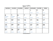 Iyar 5771 Calendar with Jewish holidays and Gregorian equivalents