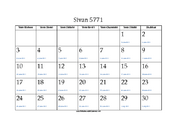 Sivan 5771 Calendar with Gregorian equivalents