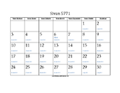 Sivan 5771 Calendar with Jewish holidays and Gregorian equivalents