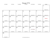 Nissan 5772 Calendar with Gregorian equivalents