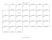 Av 5774 Calendar with Gregorian equivalents